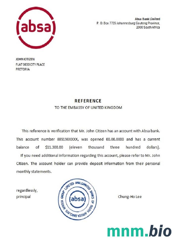 Przykład odniesienia banku Absa w RPA w formatach Word i PDF